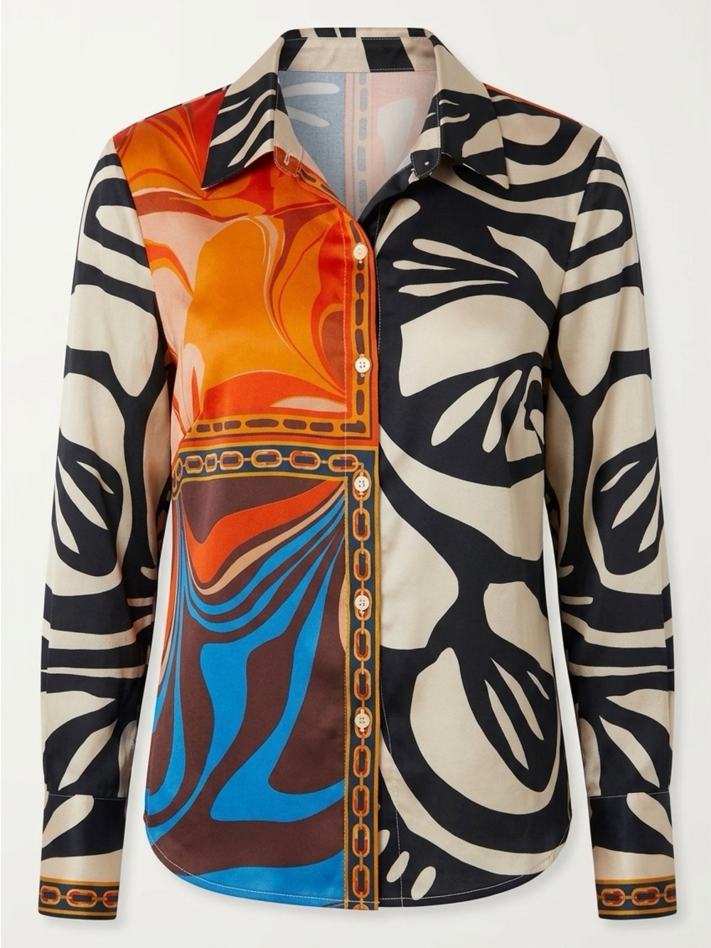 Her…Bottari  Printed Satin Button-Up Blouse in Orange, Blue & Black
